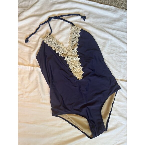 Navy Blue Monokini V-Neck One-Piece Swimsuit Low Back Halter Sexy Minimalist - Picture 8 of 16